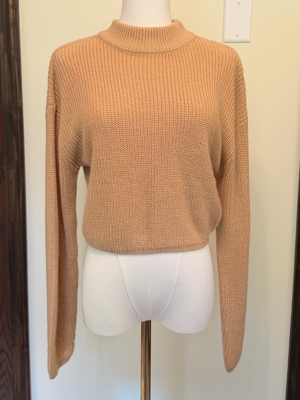 H&M Camel Mock Neck Cropped Knit Sweater